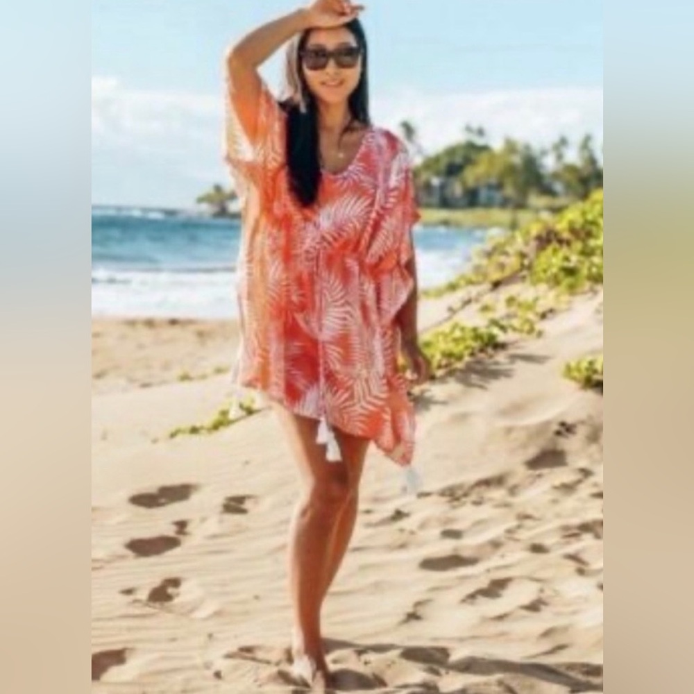 Cleobella Pink Palm Print Tassel Coverup Tunic Dress One Size Viscose - Picture 2 of 8